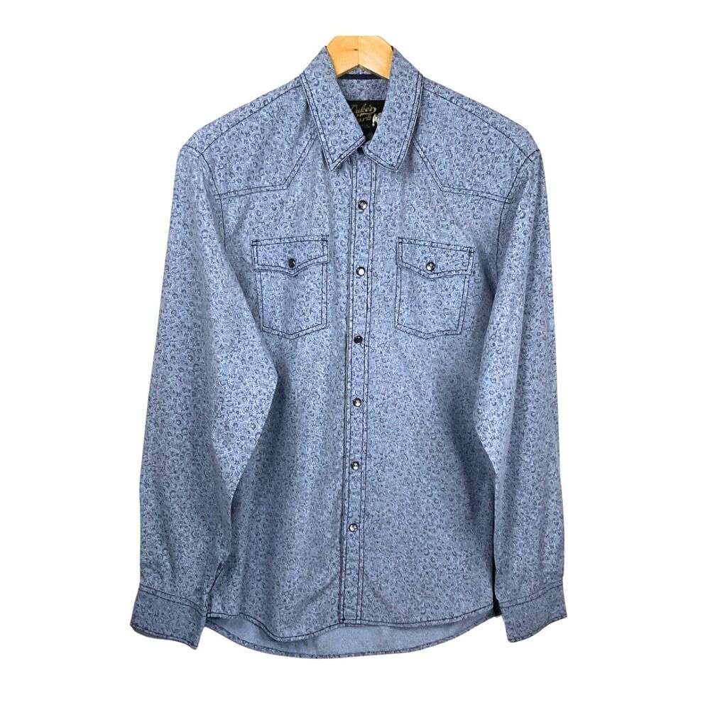Dukes Bark Mens Medium Blue Western Shirt Long Sleeve Button Up Pearl Snaps